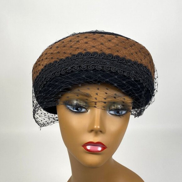 Vintage Ranleigh Pillbox Hat Face Veil Netting Brown Black Derby Church main image 3